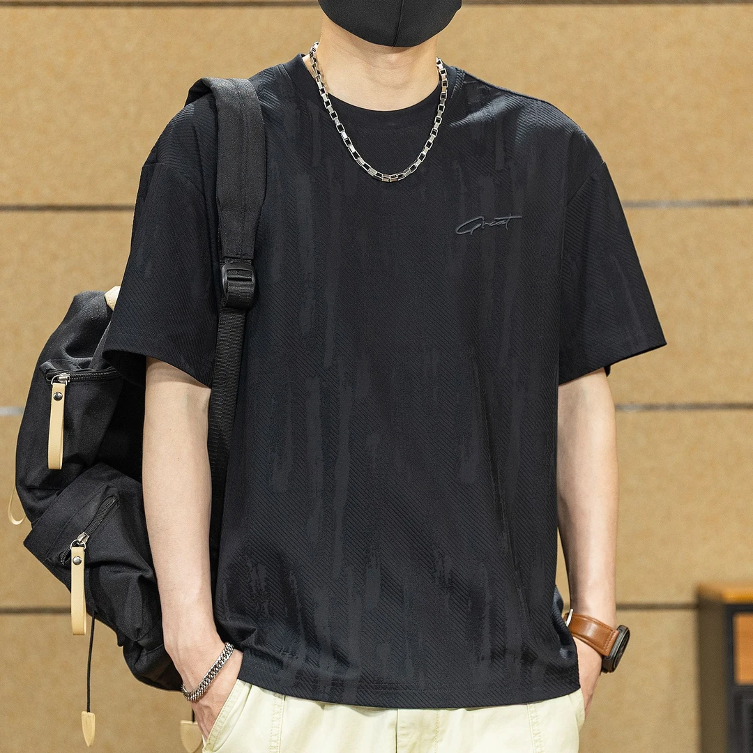 肌理感t恤男潮牌大码夏季新款高端衣服美式提花体恤男士圆领T恤潮