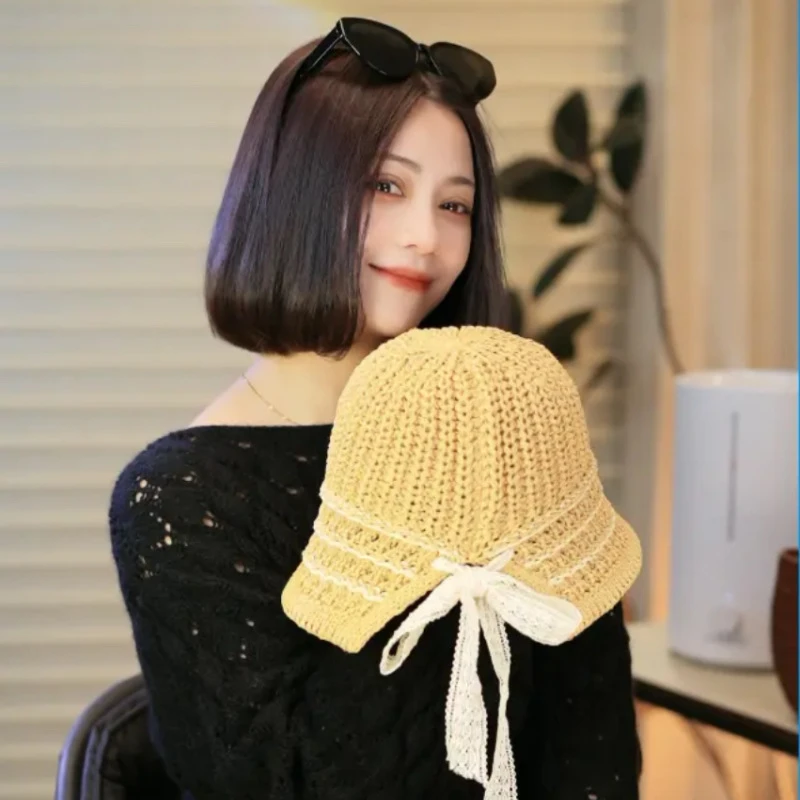 新款帽子女显脸小编织草帽夏季海边遮阳防晒渔夫帽透气钟型盆帽潮