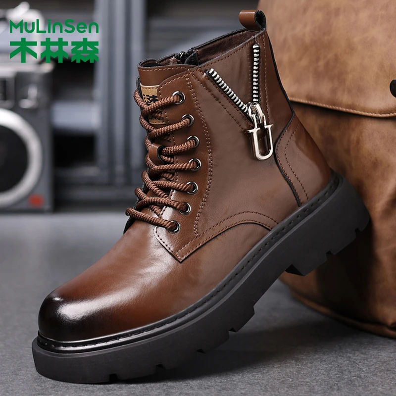木林森男鞋马丁靴工装靴时尚高帮2025中帮秋冬季棉鞋机车短靴
