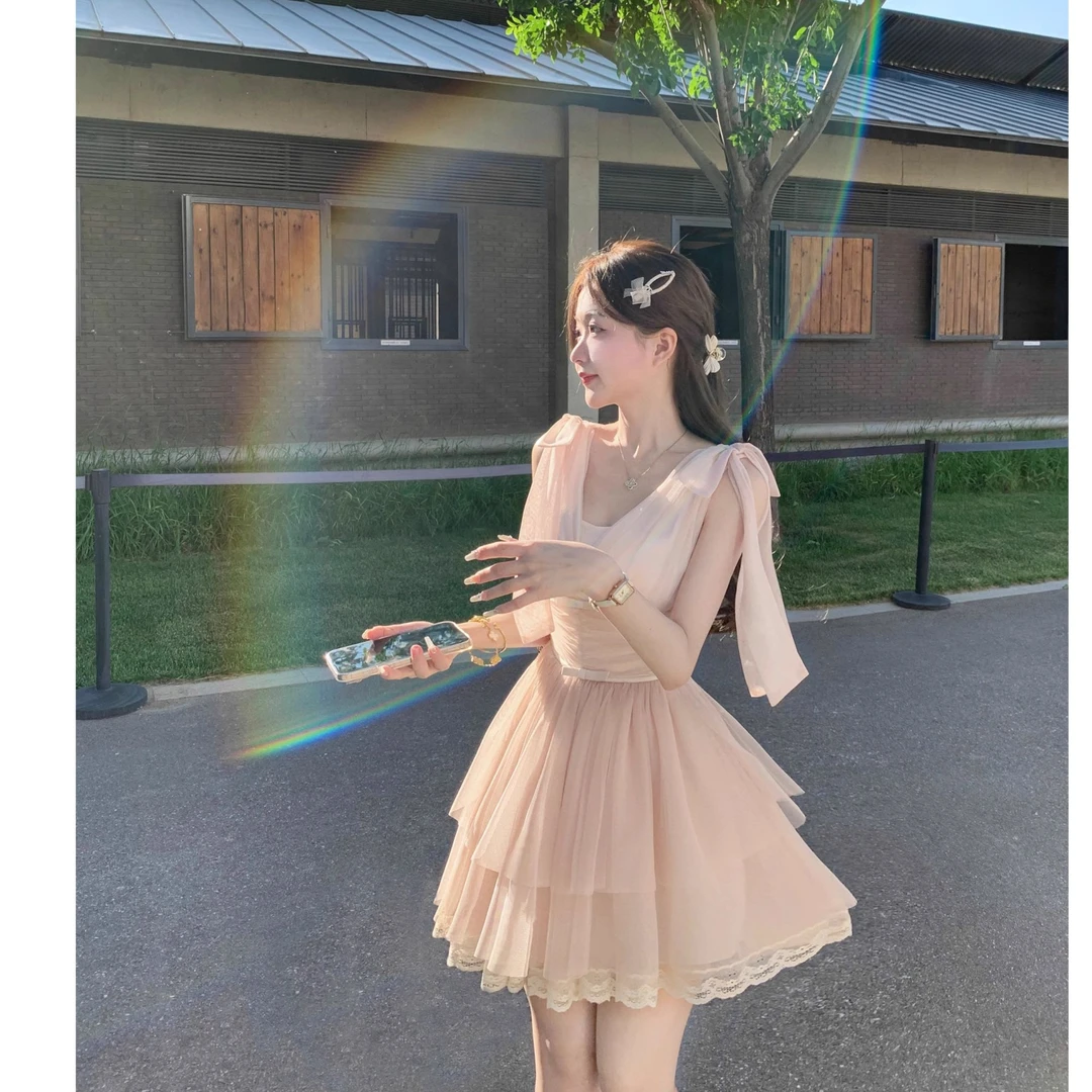 神邸少女 夏季绝美仙气粉色千金公主约会裙挂脖薄纱连衣裙短裙女