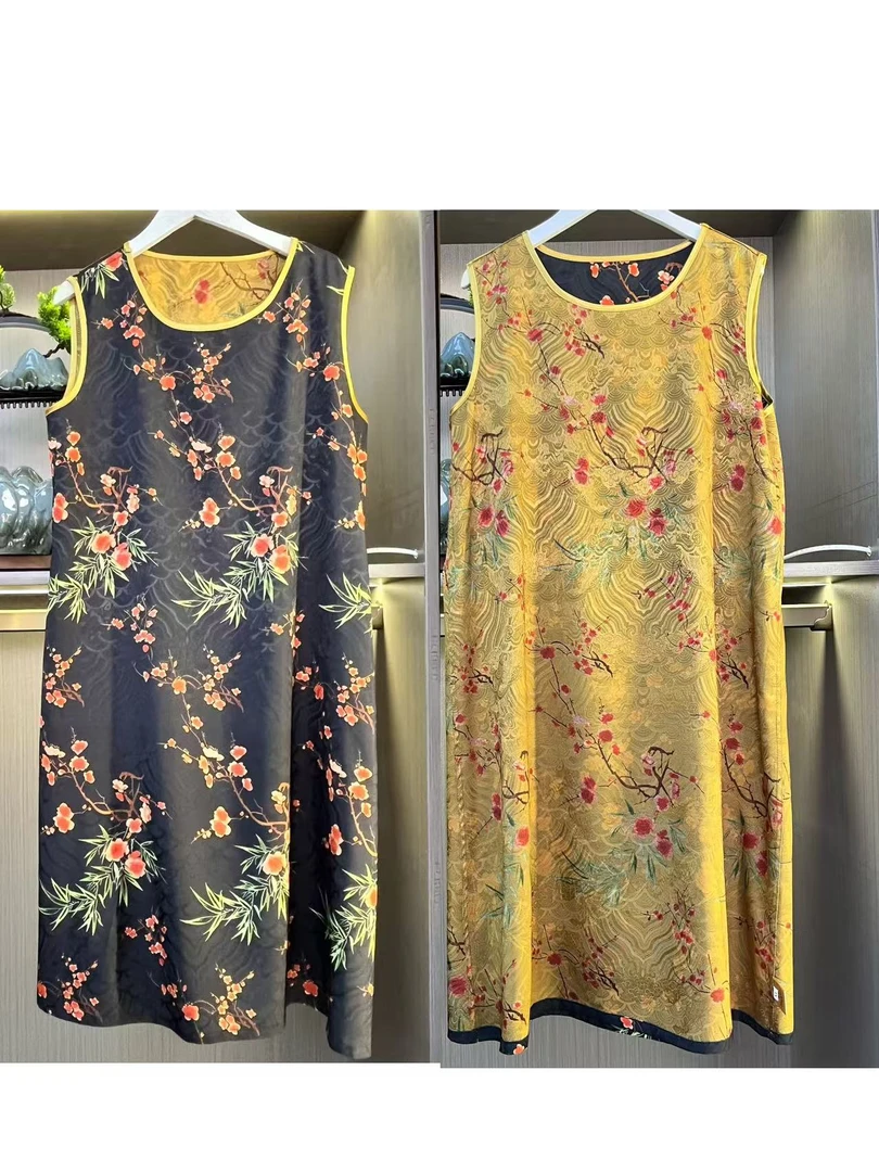 2025两面穿圆领气质高雅提花缎面夏季无袖背心裙