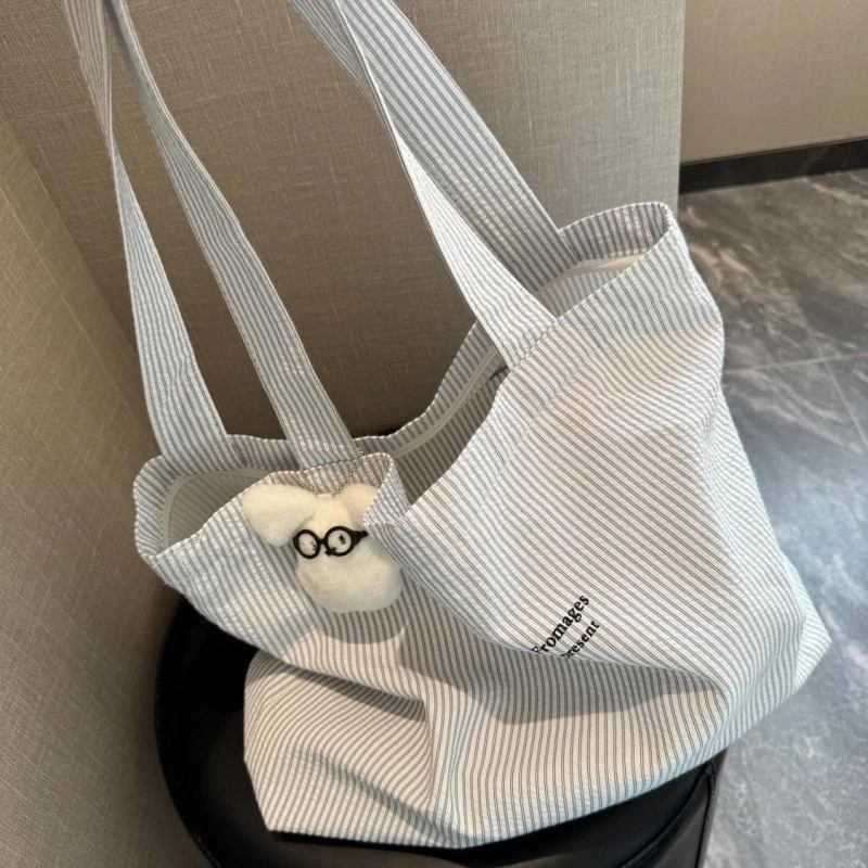 2025新款休闲条纹慵懒简约大容量通勤帆布包布袋百搭单肩托特