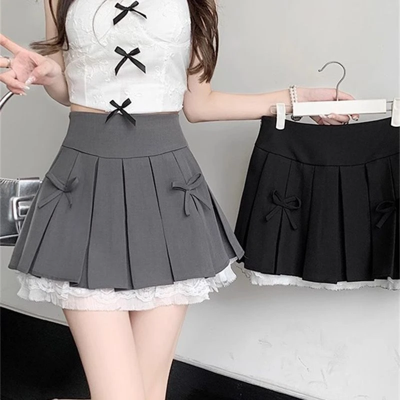 秋冬大码胖mm半身裙女蕾丝花边拼接蝴蝶结辣妹a字包臀灰色百褶裙