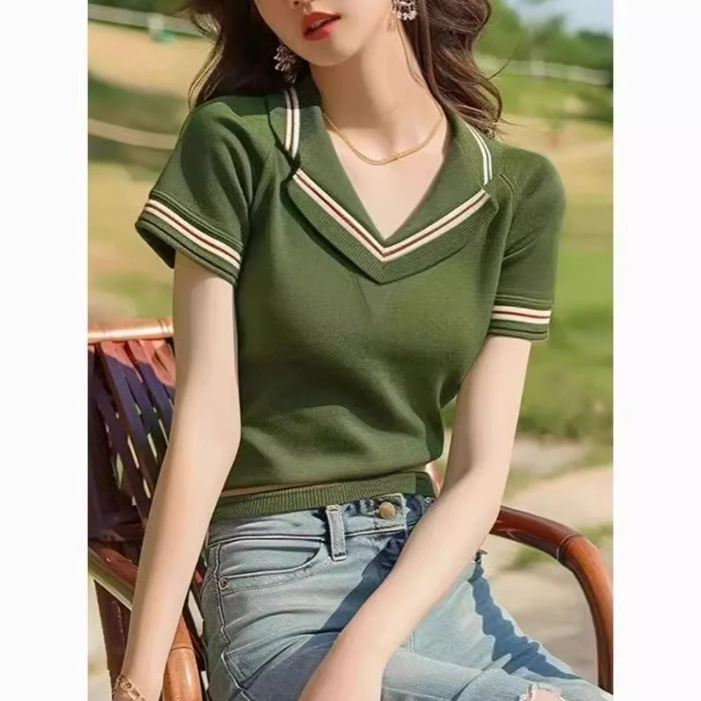 2025超火减龄翻领时尚拼色设计感针织衫夏天小众别致宽松休闲上衣