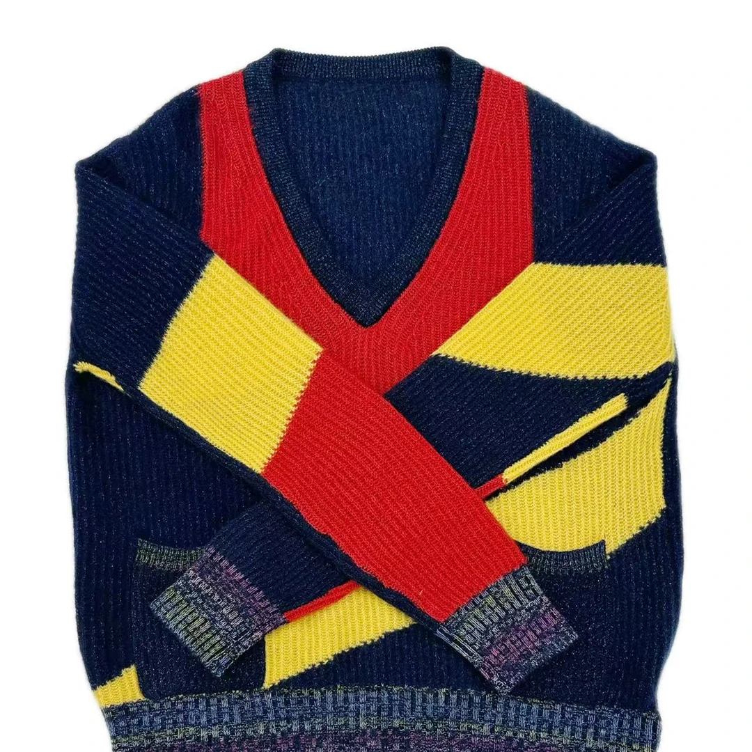 ‘外贸'100%山羊绒 拼接撞色V领套头衫