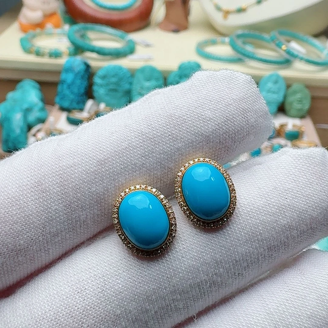 绿松石18K金镶嵌高瓷玉化暴暴蓝蛋面耳钉