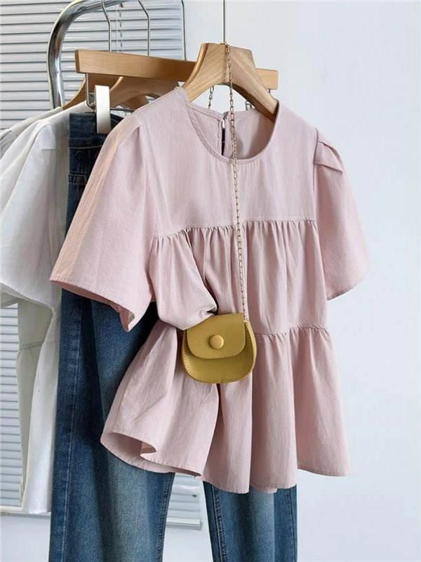 法式甜美短袖雪纺衬衫女夏季大码胖mm洋气遮肚显瘦藏肉娃娃衫上衣