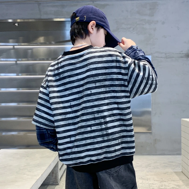 男童脏染条纹假两件卫衣春秋潮款2025儿童痞帅百搭套头上衣中大童