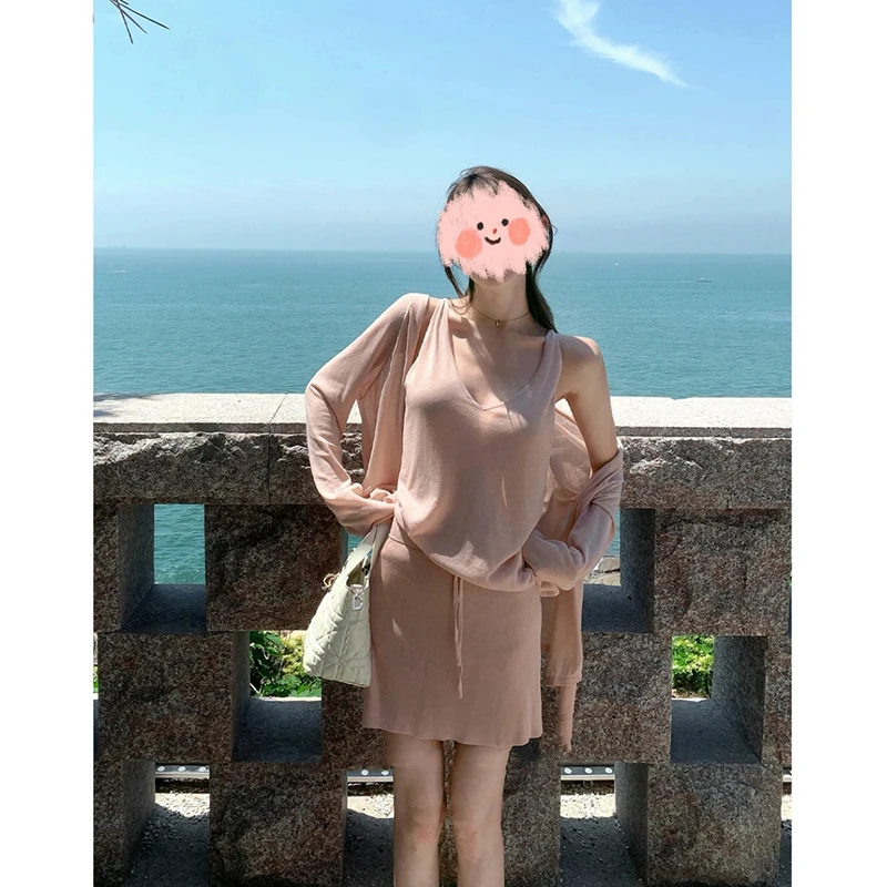 【冰沙三件套】轻薄凉爽防晒长袖开衫吊带背心高腰抽绳半身裙套装