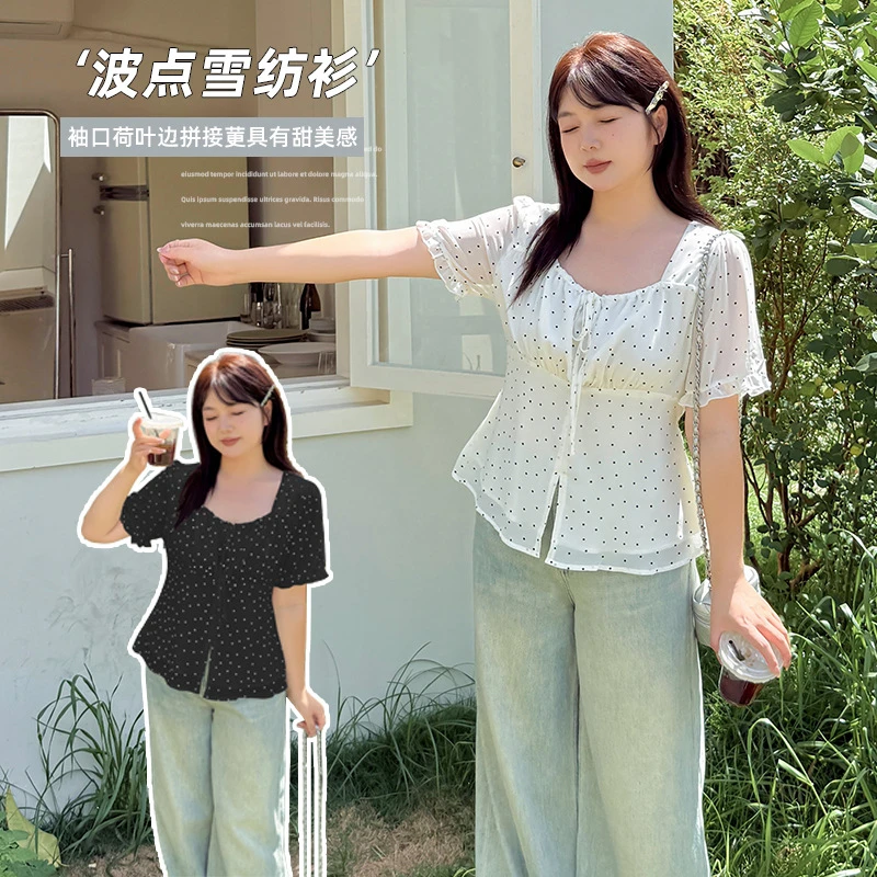 胖mm甜美小众设计感减龄雪纺衫女2025夏季新款波点清凉上衣242368
