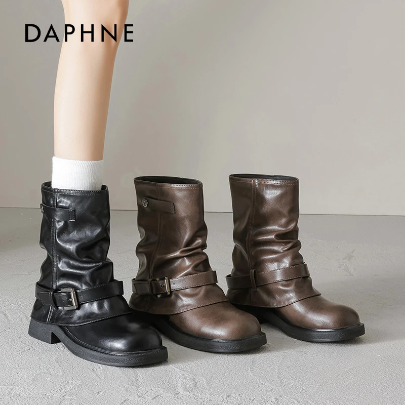 达芙妮美拉德短靴女2025新款秋季裤管褶皱堆堆靴子棕色厚底马丁靴