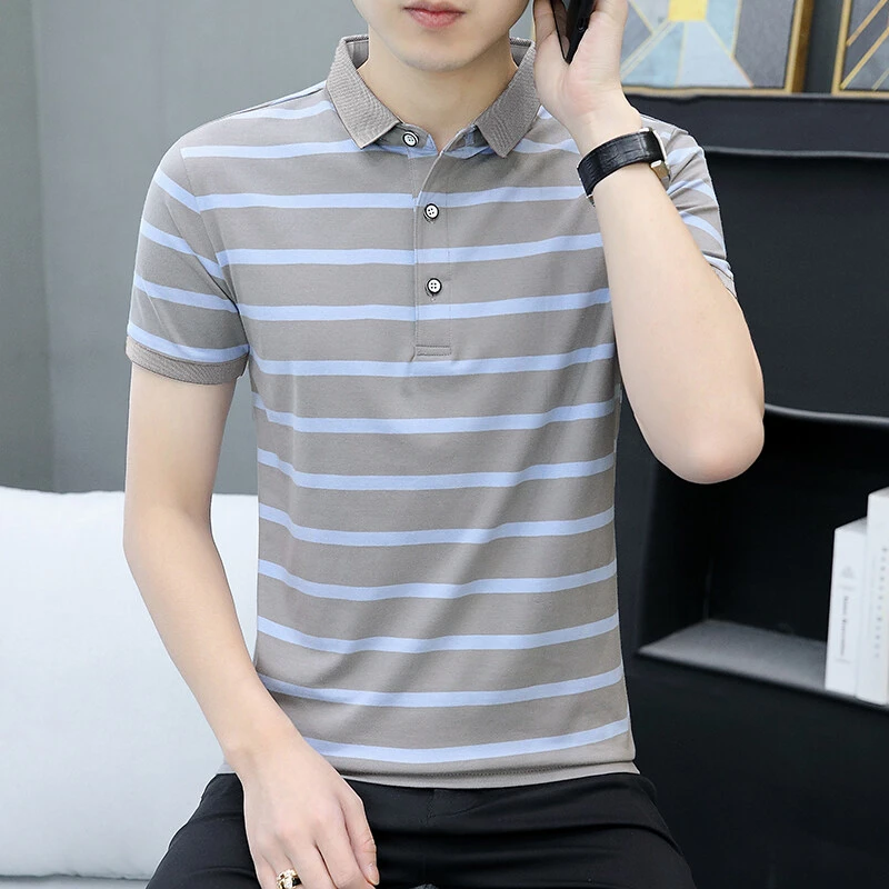 高档条纹POLO衫男士翻领短袖夏季新款时尚百搭韩版帅气男休闲上衣