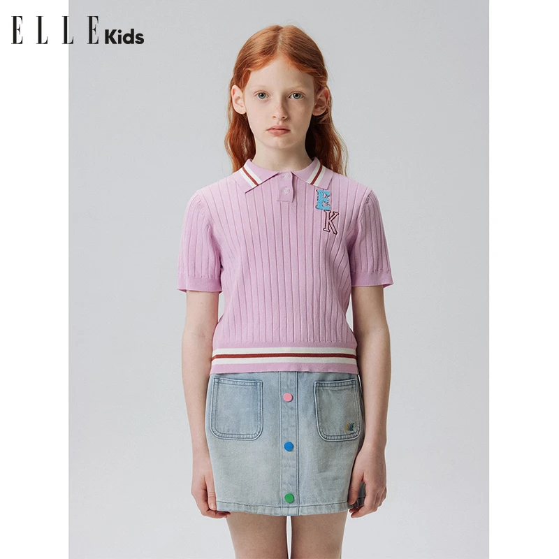 ELLE KIDS儿童夏季紫色针织洋气甜美个性绣花翻领polo衫zs3