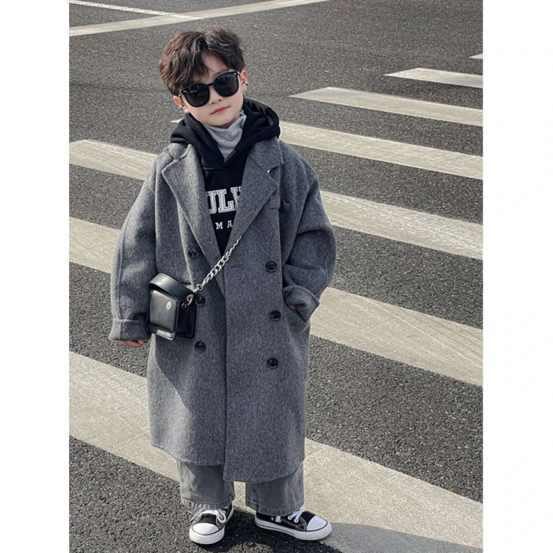 FAVMARTHA男童双面羊毛呢大衣秋冬季2025新款韩版儿童时髦呢子外