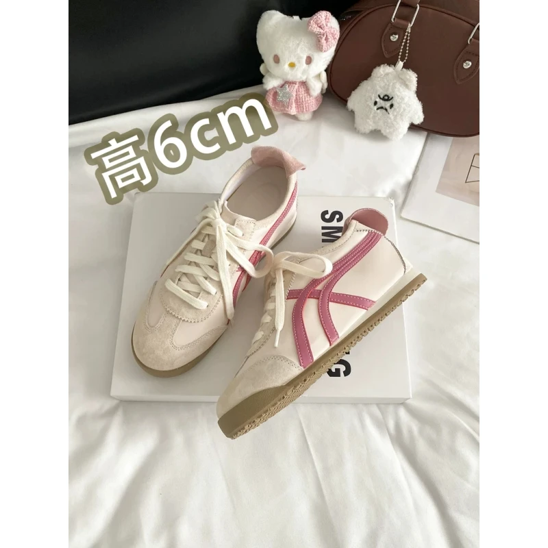 6CM小个子内增高真皮拼色德训鞋女百搭甜妹软底厚底休闲阿甘板鞋