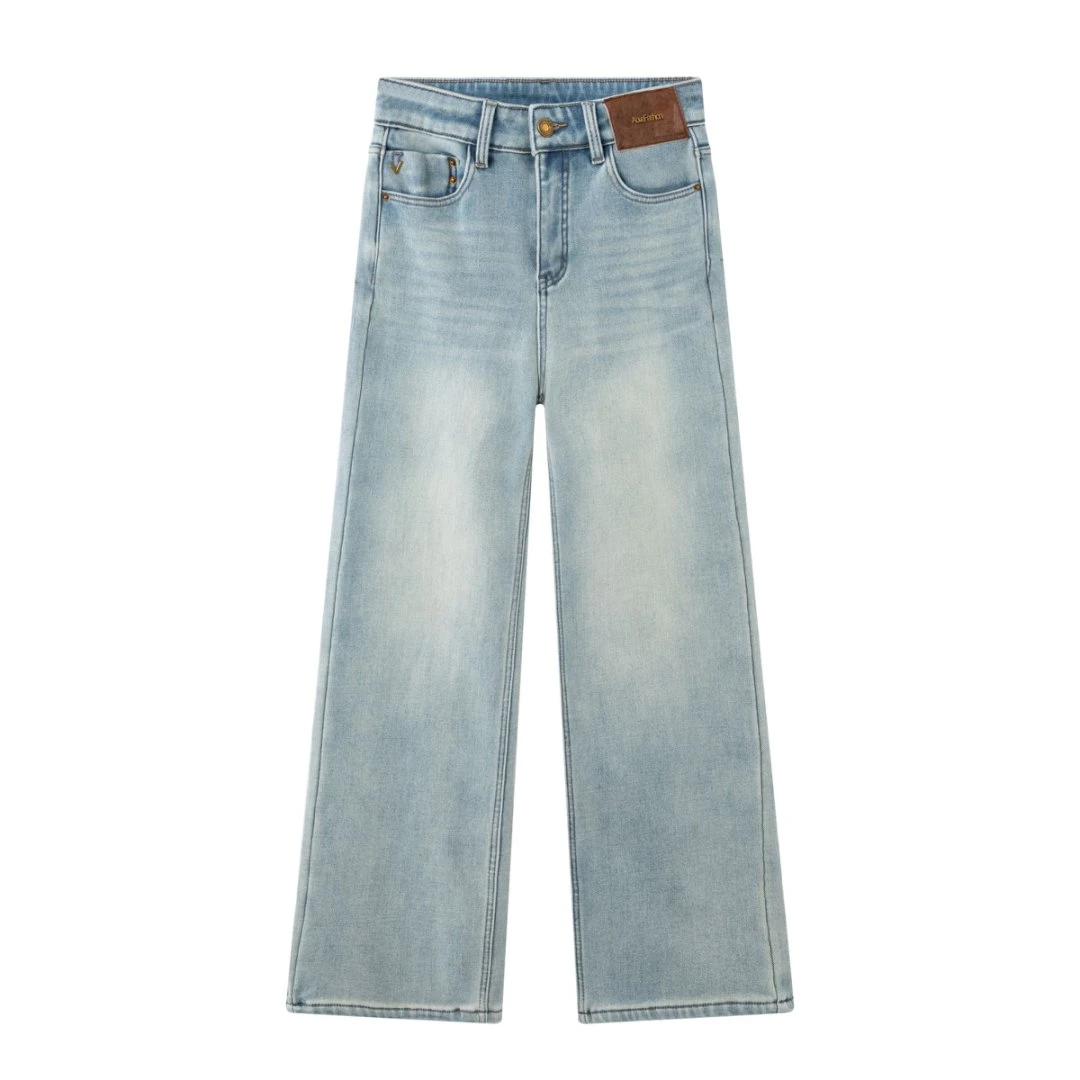 B10860冬季新款时尚小众设计有标加绒直筒百搭牛仔裤