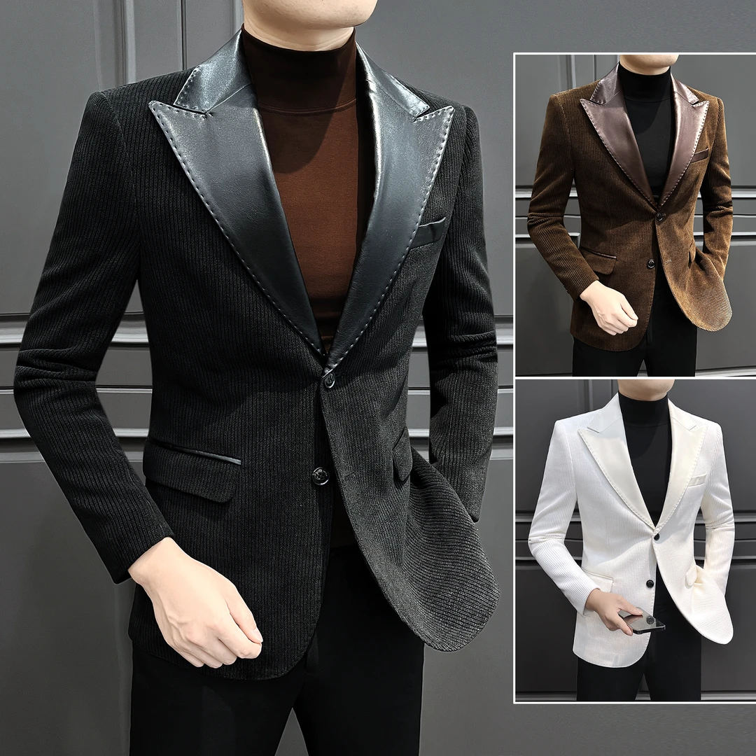 灯芯绒拼皮西装外套男款秋季高级感时尚戗驳领男装痞帅男士小西服