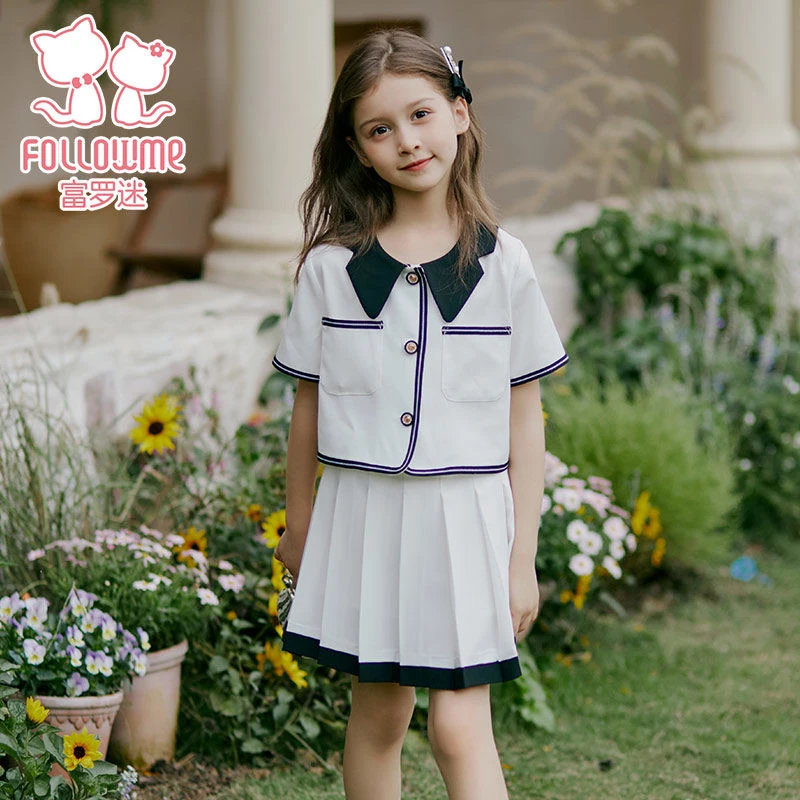 富罗迷女童套装夏季新款学院风儿童短袖上衣百褶裙两件套F4B9681T