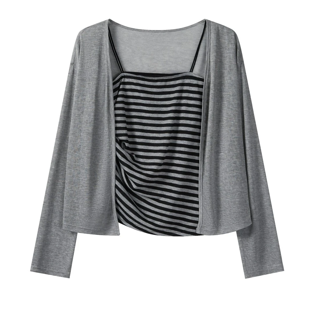 辣妹时尚气质百搭灰色条纹修身吊带开衫套装2025秋新款防晒两件套