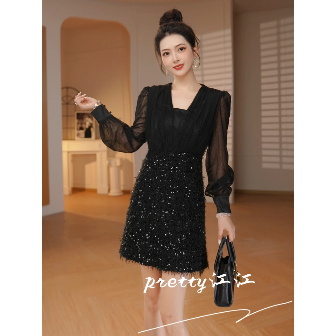 Pretty小众设计师品牌江江定制 显瘦时尚名媛气质拼接连衣裙9915