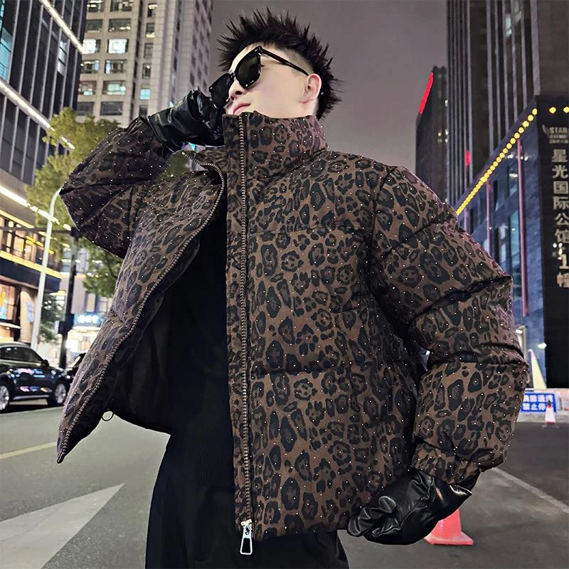 轻奢痞帅男装立领棉服男款豹纹加厚棉袄子冬季新款休闲棉衣外套潮