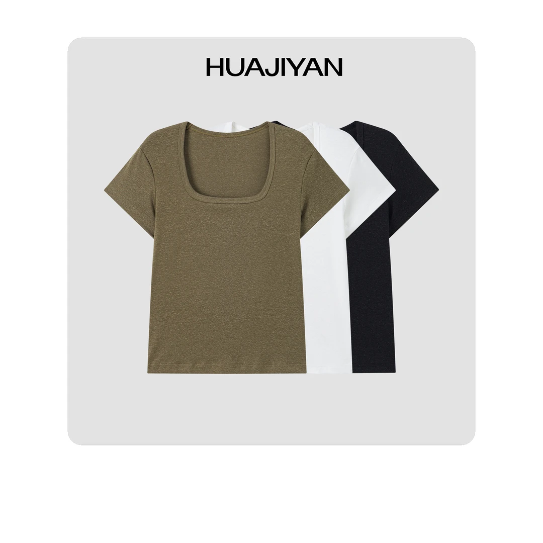 华吉言/HUAJIYAN【大U】亚麻天丝混纺经典百搭大U领短袖T恤