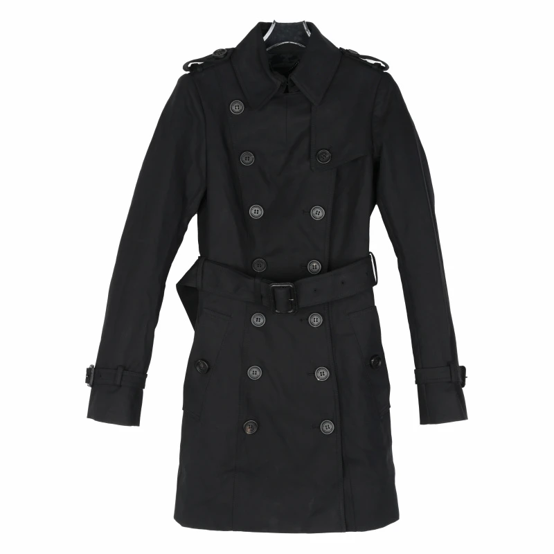 BURBERRY/博柏利女士双排扣黑色轻职风中长款风衣