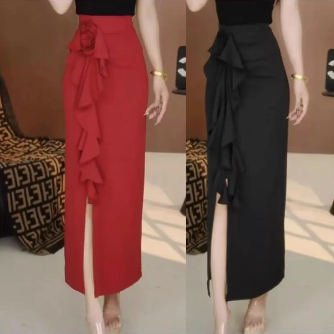 法式纯欲风花朵不规则开叉半身裙夏季新款女中长款高腰显瘦长裙子