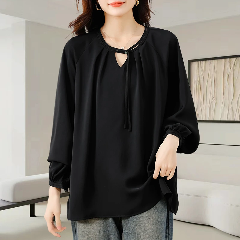新中式V领女士衬衫2025早秋季新款大码宽松休闲显瘦减龄上衣