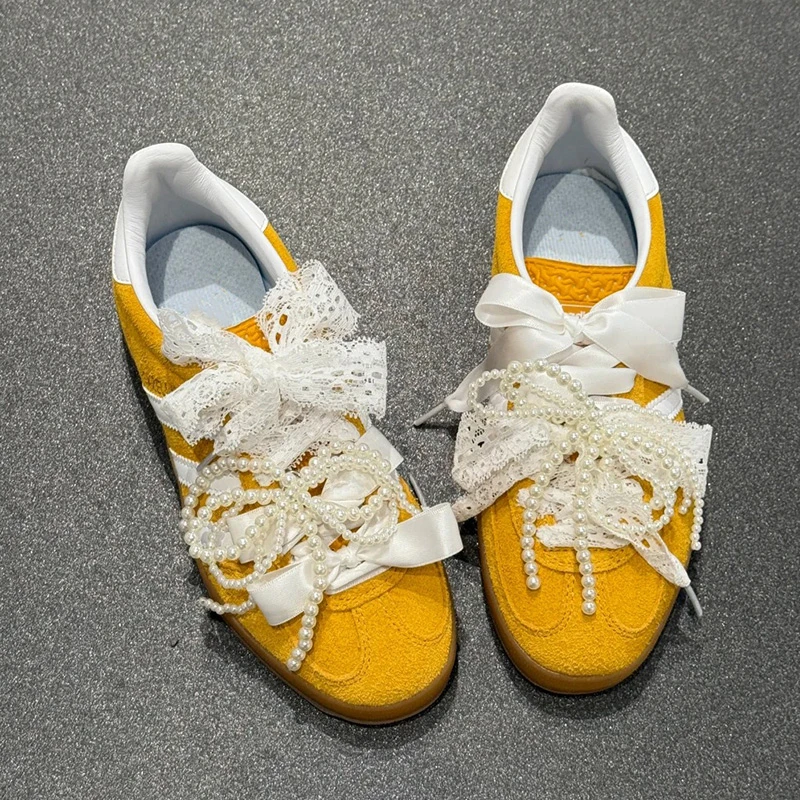 蕾丝鞋带阿迪德训鞋gazelle芭蕾风白色丝带diy装饰珍珠蝴蝶结鞋扣