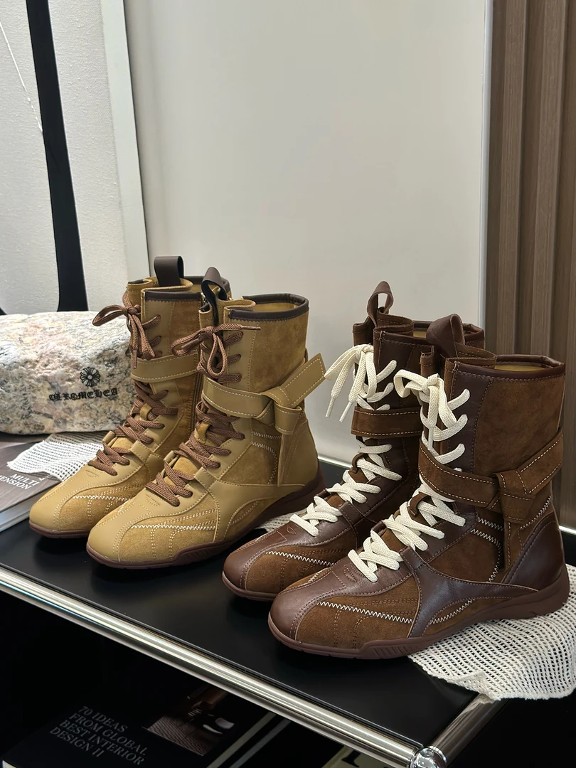 真皮复古休闲马丁靴女2025新款户外靴拳击靴圆头系带运动靴短靴女