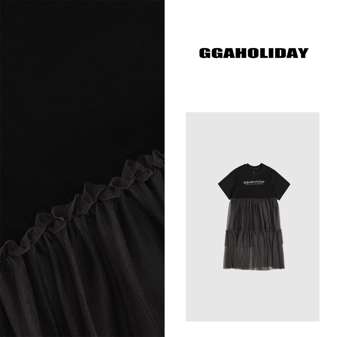 GGAHOLIDAY时尚宽松复古网纱拼接气质休闲显瘦短袖连衣裙-152404