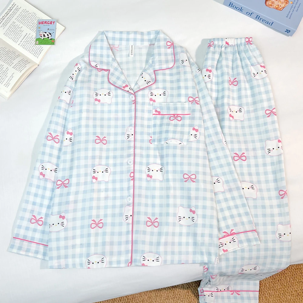 云朵绵睡衣女套装新款春秋季格子KT猫甜美可爱长袖长裤家居服外穿