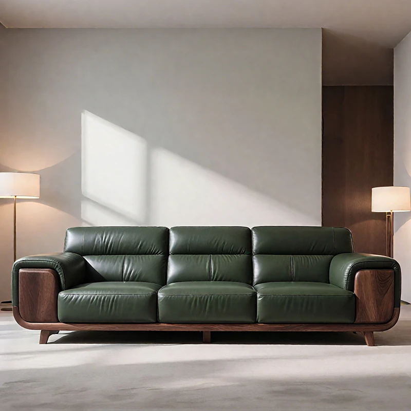 意式极简北美黑胡桃木轻奢实木沙发客厅高端真皮沙发直排皮艺沙发