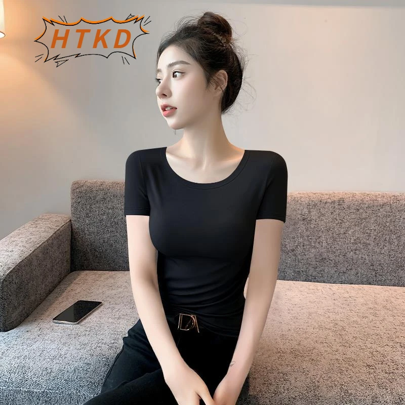 HTKD黑色短袖t恤女夏季2025新款莫代尔圆领修身正肩内搭打底显瘦
