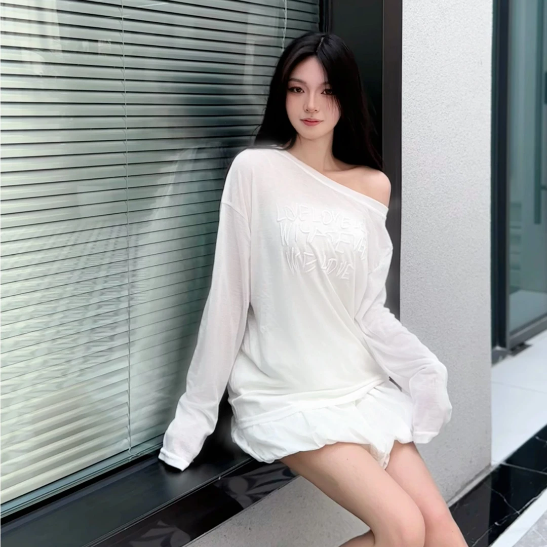 韩系2025夏秋季新款发泡印花慵懒显瘦薄款长袖防晒衫宽松露肩上衣