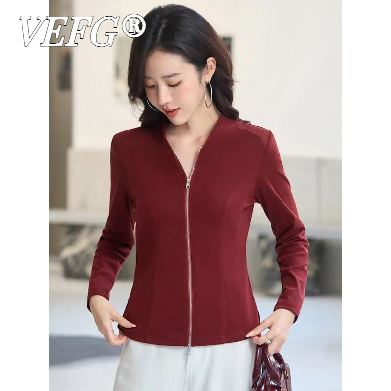 VEFG安哥拉红V领长袖T恤女装秋季新款打底衫拉链外套修身短款上衣