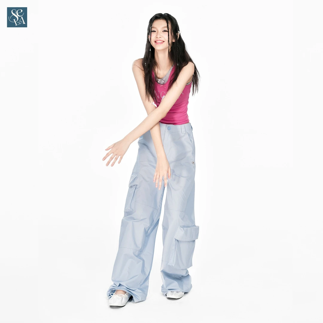 多口袋工装裤宽松直筒拖地长裤