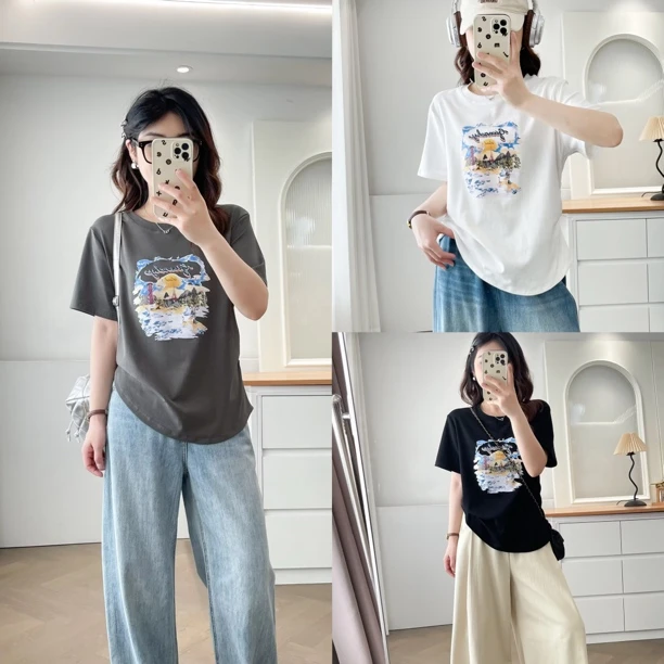 2025年新款白色短袖t恤女夏季设计感小众显瘦宽松半袖上衣服ins潮