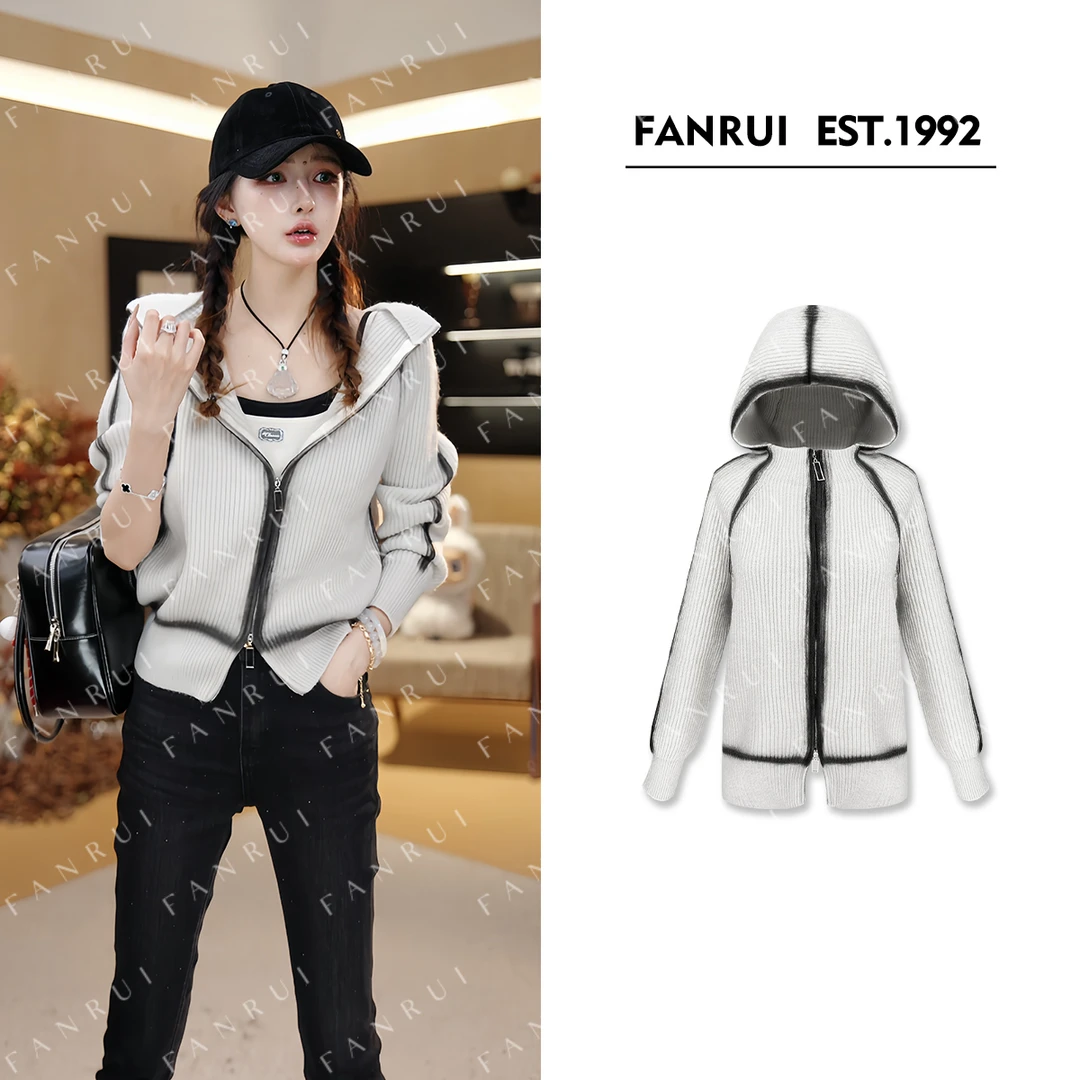 FANRUI/泛芮「谜局」竖条纹减龄时髦百搭显瘦连帽针织开衫女B18404