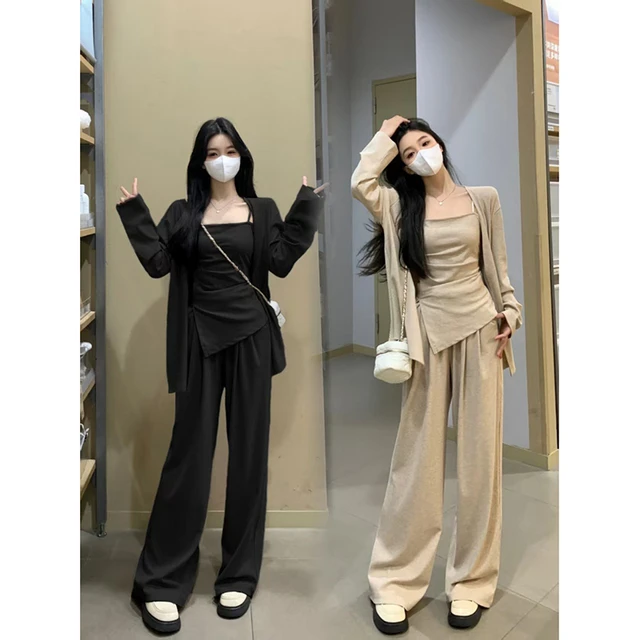 大码女装气质高级感套装春季吊带上衣胖MM显瘦西装长裤休闲三件套