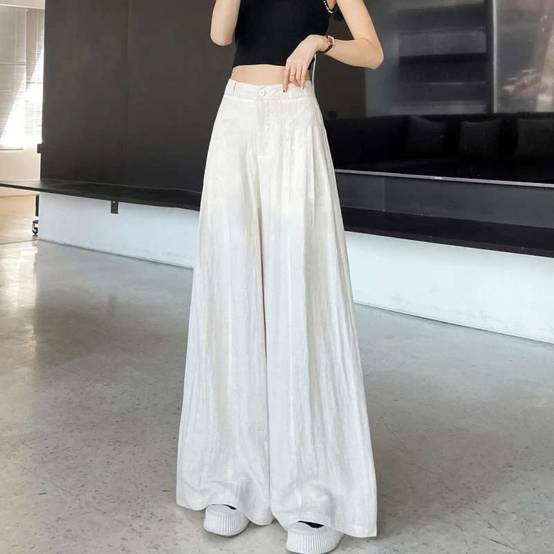 冰丝抗皱直筒亚麻阔腿裤女夏季薄款2025新款垂感高级感白色休闲裤