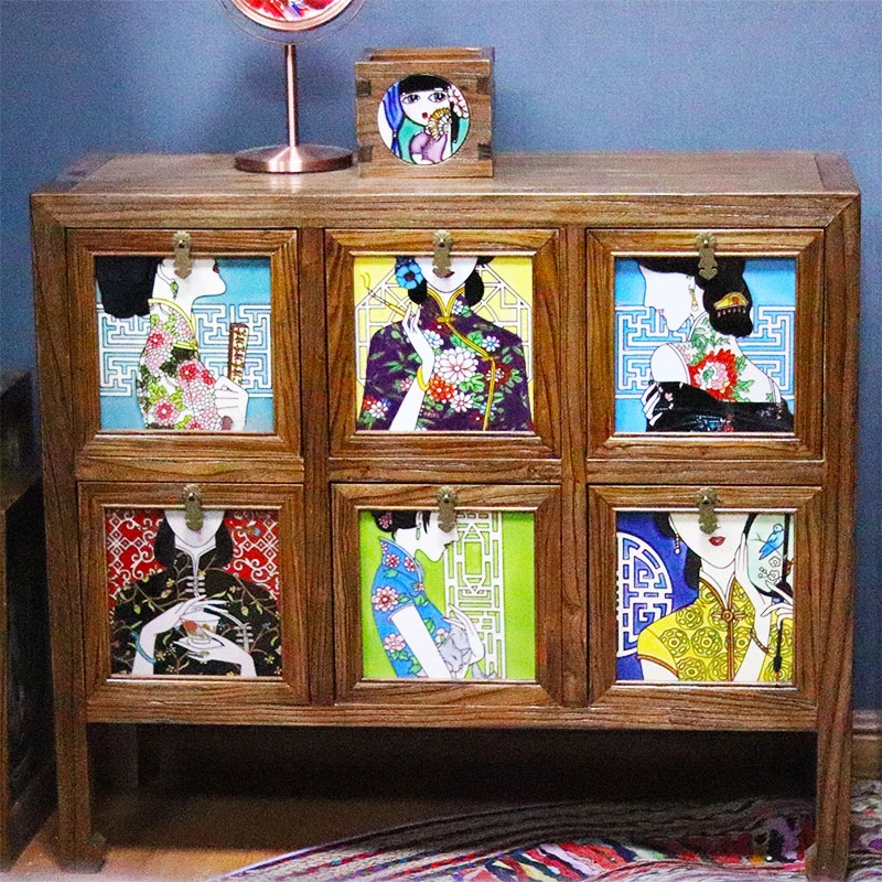 老榆木实木六斗餐边柜茶水柜客厅储物柜新中式家居摆件