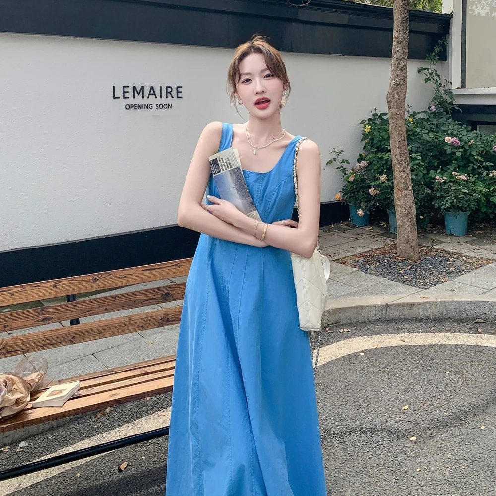 法式蓝色无袖背带连衣裙夏季时尚显瘦收腰长款气质裙子