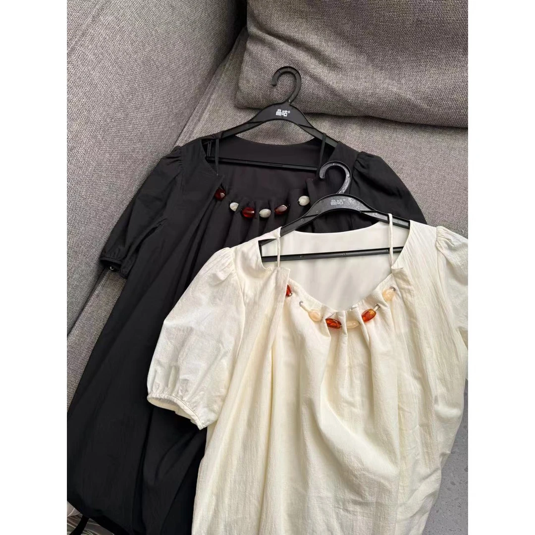 晶咕佳佳【旷野柔风】领口装饰褶皱短袖连衣裙宽松时尚夏季法式