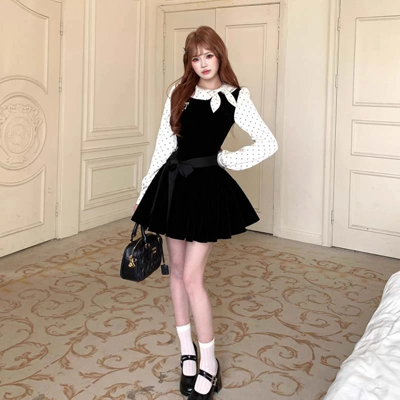 【含腰带】假两件千金风小黑裙收腰法式连衣裙女秋冬HY0198