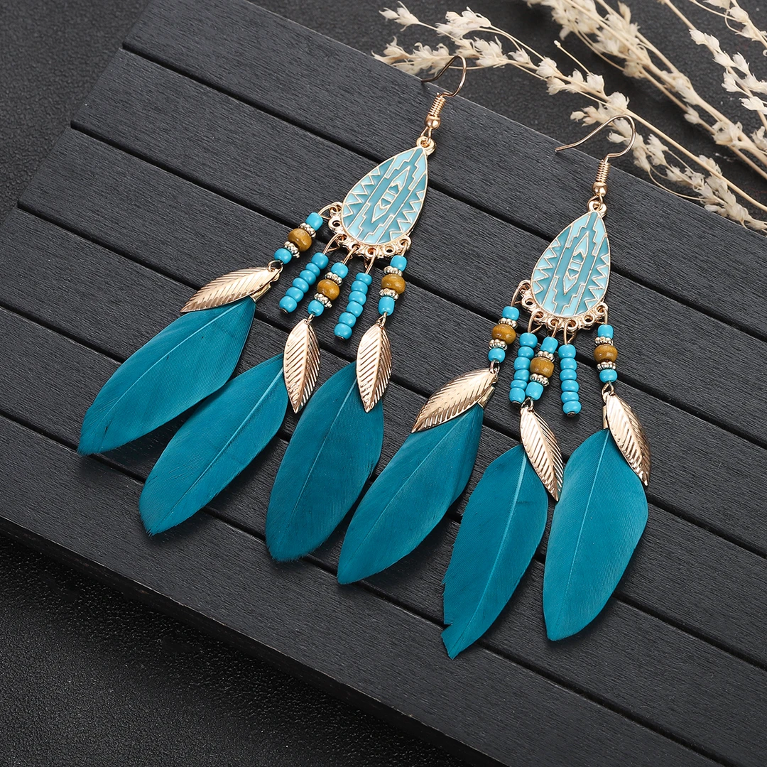 合金耳饰 高级感民族风长款流苏羽毛耳环女耳坠