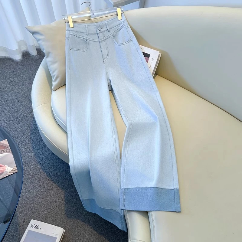 拉夏贝尔清新风牛仔宽松阔腿裤女2025春秋季新款小个子直筒窄版裤