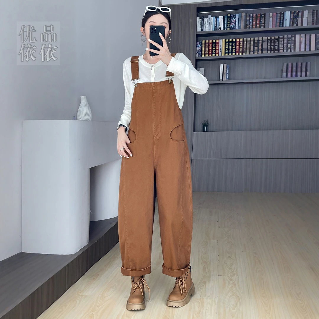 减龄气质韩版牛仔背带裤女秋季新款大码胖mm宽松显瘦阔腿连体裤子