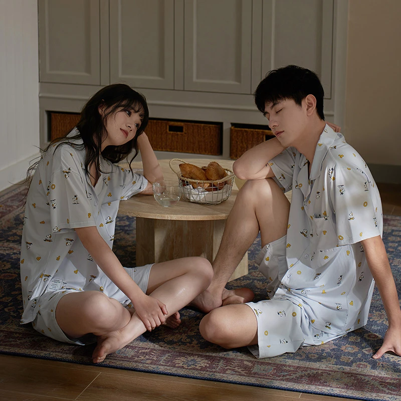 思莉太太【英式努比】情侣睡衣女夏季短袖莫代尔可外穿男士休闲套装